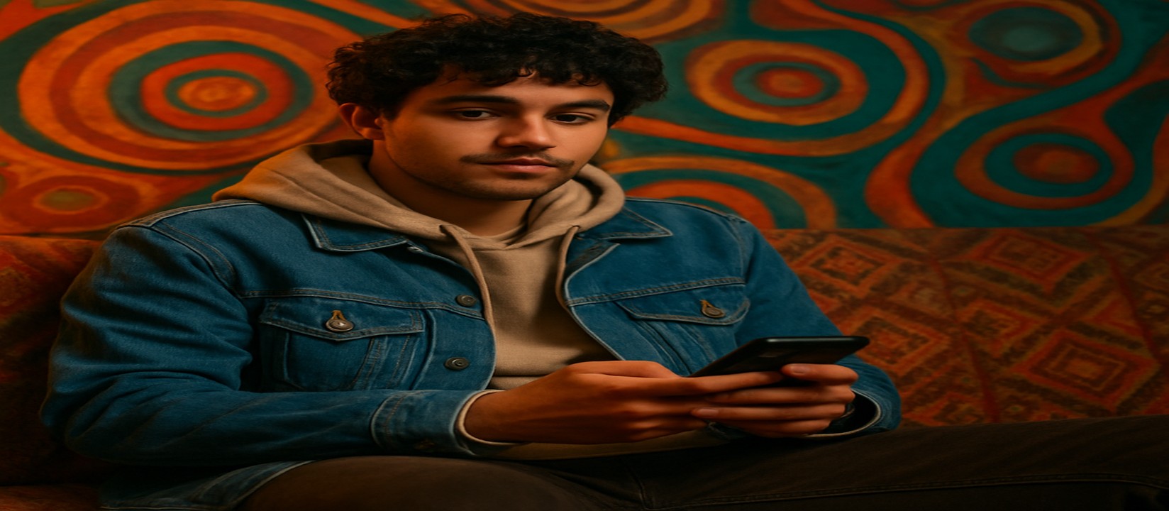 সোফায় আরাম করে বসে স্মার্টফোনে 4777b অ্যাপ ব্যবহার করছেন একজন ব্যক্তি
