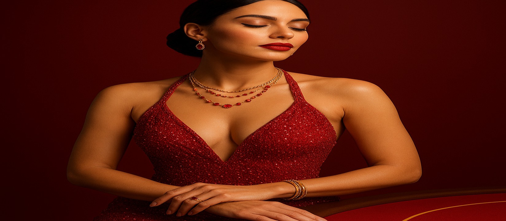 4777b গেমিং প্ল্যাটফর্মের টেবিলে লাল পোশাক পরা এক নারী ডিলার উপস্থিত
