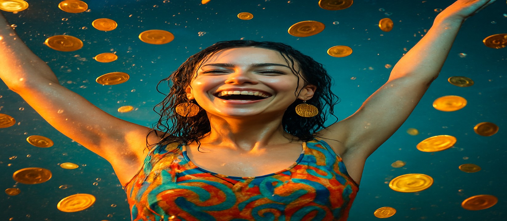 মুদ্রার ঝরনার মাঝে রঙিন পোশাকে অবস্থান করা একজন নারী